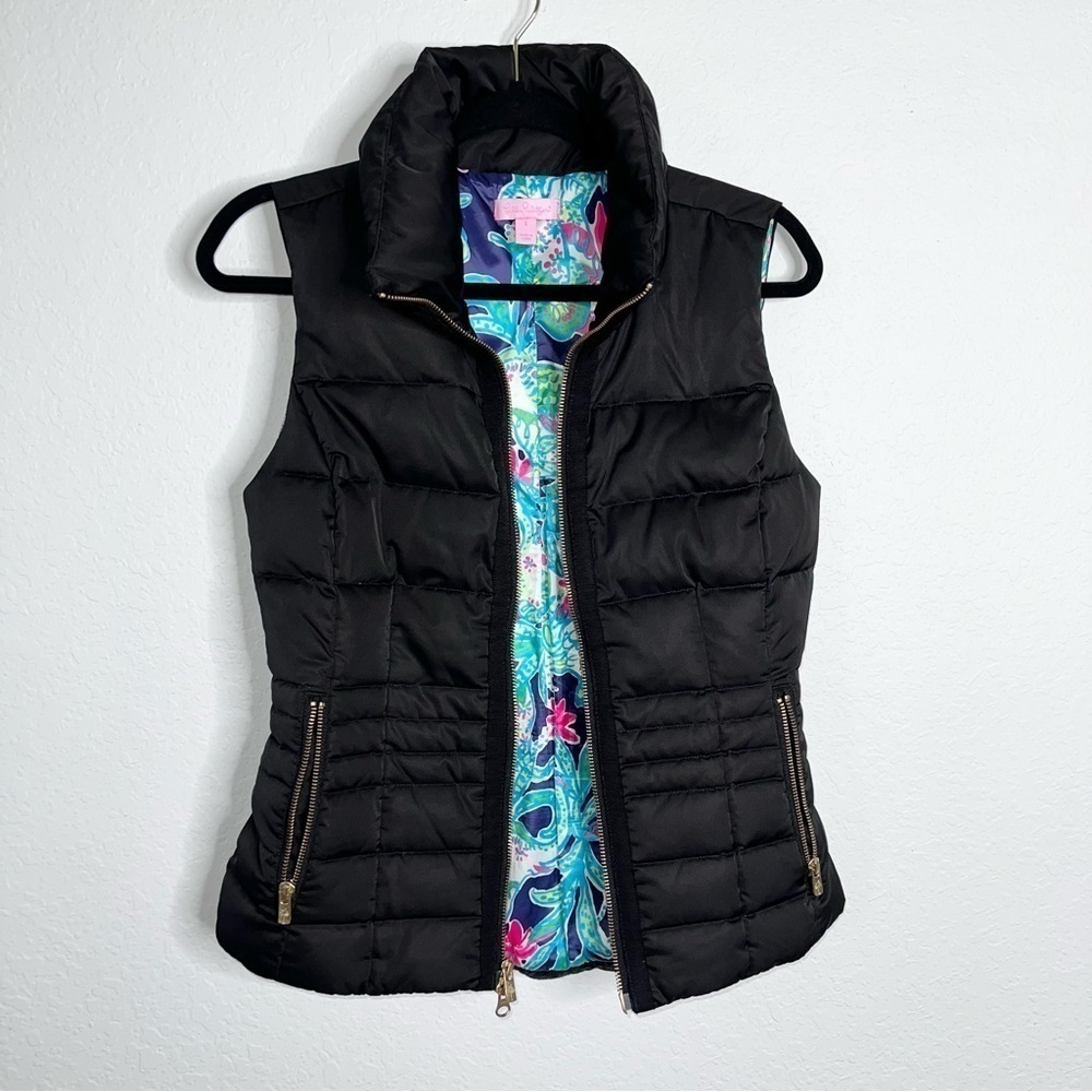 Lilly Pulitzer Puffer Vest Women’s Small Black Down Feather Quilted Full Zipper